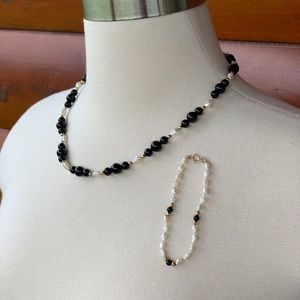 Vintage Onyx, 14k Gold and Pearl necklace/ bracelet SET
